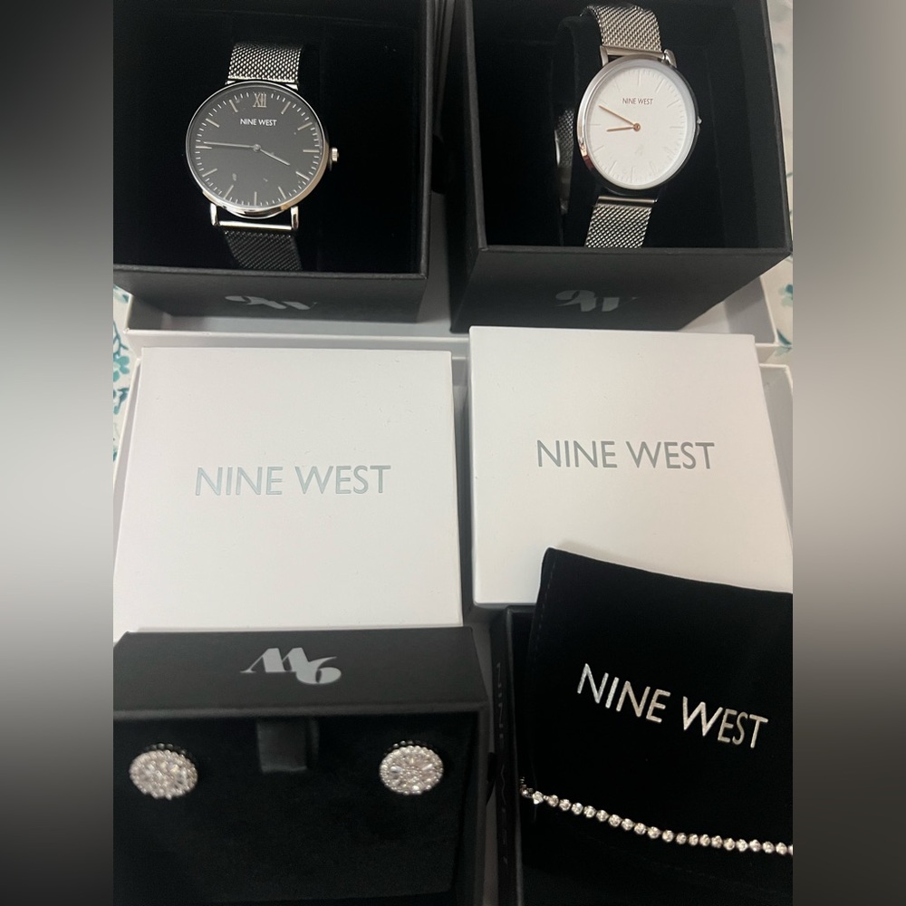 Nine West Black and Silver Watch Set with Earrings
